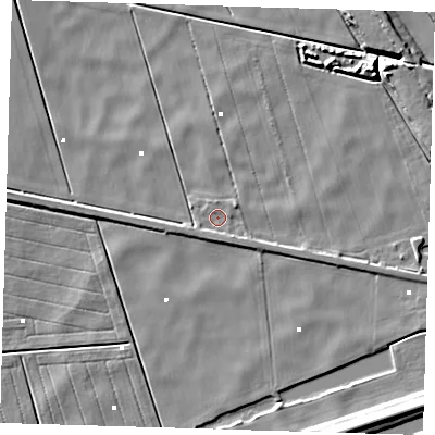 Shaded relief map of the ground around PE134AB, computed from Environment Agency LiDAR. The ground here sits at about -0 m above sea level and falls 7 m across the surrounding 800 m. Surface water reaching this point runs off ground lying to the south-south-west, 1.5 m higher.