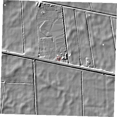 Shaded relief map of the ground around PE134AD, computed from Environment Agency LiDAR. The ground here sits at about 0 m above sea level and falls 7 m across the surrounding 800 m. Surface water reaching this point runs off ground lying to the east, 1.5 m higher.
