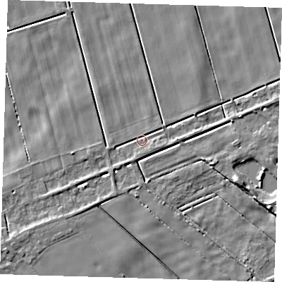 Shaded relief map of the ground around PE134AF, computed from Environment Agency LiDAR. The ground here sits at about 1 m above sea level and falls 6 m across the surrounding 800 m. Surface water reaching this point runs off ground lying to the east, 2.9 m higher.