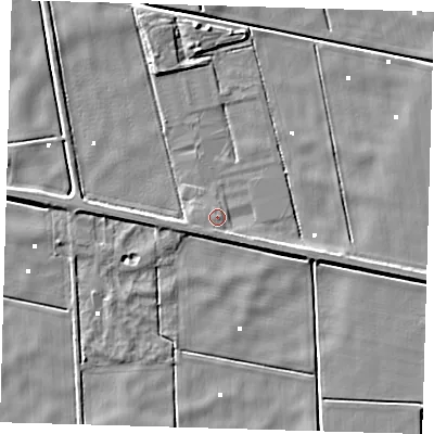 Shaded relief map of the ground around PE134AG, computed from Environment Agency LiDAR. The ground here sits at about 1 m above sea level and falls 5 m across the surrounding 800 m. Surface water reaching this point runs off ground lying to the east-south-east, 2.3 m higher.