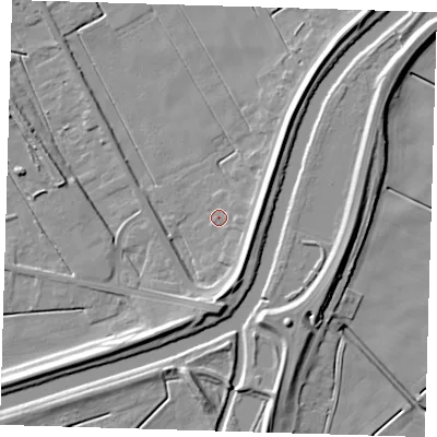 Shaded relief map of the ground around PE134AJ, computed from Environment Agency LiDAR. The ground here sits at about 1 m above sea level and falls 10 m across the surrounding 800 m. Surface water reaching this point runs off ground lying to the east, 5.7 m higher.