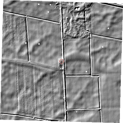 Shaded relief map of the ground around PE134AQ, computed from Environment Agency LiDAR. The ground here sits at about 1 m above sea level and falls 4 m across the surrounding 800 m. Surface water reaching this point runs off ground lying to the east-north-east, 0.8 m higher.