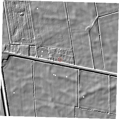 Shaded relief map of the ground around PE134AR, computed from Environment Agency LiDAR. The ground here sits at about 0 m above sea level and falls 5 m across the surrounding 800 m. Surface water reaching this point runs off ground lying to the west, 1.8 m higher.