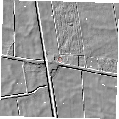 Shaded relief map of the ground around PE134AT, computed from Environment Agency LiDAR. The ground here sits at about 0 m above sea level and falls 5 m across the surrounding 800 m. Surface water reaching this point runs off ground lying to the west-south-west, 2.3 m higher.