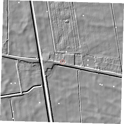 Shaded relief map of the ground around PE134AU, computed from Environment Agency LiDAR. The ground here sits at about 1 m above sea level and falls 5 m across the surrounding 800 m. Surface water reaching this point runs off ground lying to the south-west, 1.2 m higher.