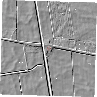 Shaded relief map of the ground around PE134AX, computed from Environment Agency LiDAR. The ground here sits at about 2 m above sea level and falls 5 m across the surrounding 800 m. Surface water reaching this point runs off ground lying to the north-north-east, 1.2 m higher.