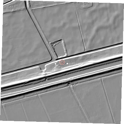 Shaded relief map of the ground around PE134AY, computed from Environment Agency LiDAR. The ground here sits at about 0 m above sea level and falls 8 m across the surrounding 800 m. Surface water reaching this point runs off ground lying to the north-west, 3.0 m higher.