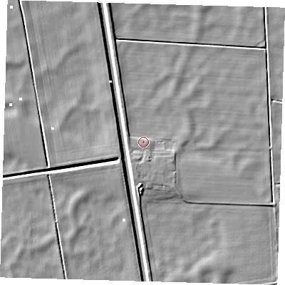 Shaded relief map of the ground around PE134AZ, computed from Environment Agency LiDAR. The ground here sits at about 0 m above sea level and falls 6 m across the surrounding 800 m. Surface water reaching this point runs off ground lying to the south-south-east, 2.2 m higher.