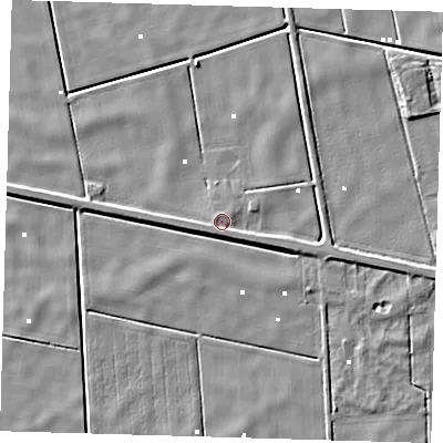 Shaded relief map of the ground around PE134BA, computed from Environment Agency LiDAR. The ground here sits at about 1 m above sea level and falls 5 m across the surrounding 800 m. Surface water reaching this point runs off ground lying to the west-south-west, 3.3 m higher.