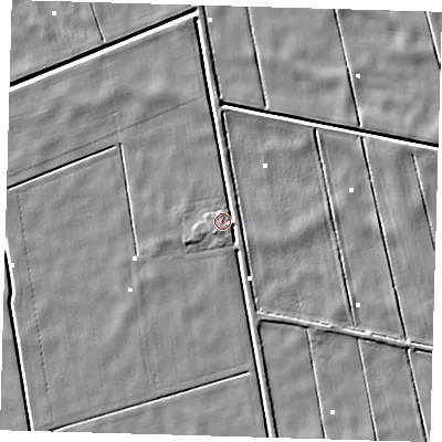 Shaded relief map of the ground around PE134BB, computed from Environment Agency LiDAR. The ground here sits at about 1 m above sea level and falls 4 m across the surrounding 800 m. Surface water reaching this point runs off ground lying to the south, 2.3 m higher.