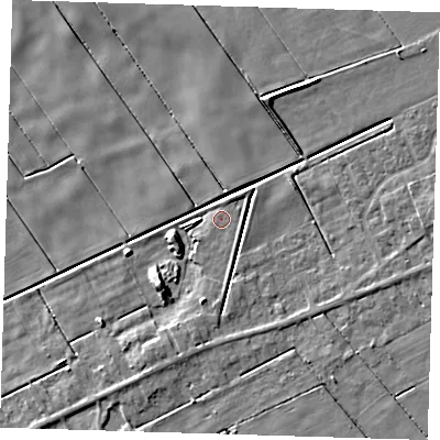 Shaded relief map of the ground around PE134BD, computed from Environment Agency LiDAR. The ground here sits at about 2 m above sea level and falls 6 m across the surrounding 800 m. Surface water reaching this point runs off ground lying to the east, 1.3 m higher.
