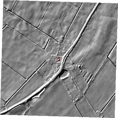 Shaded relief map of the ground around PE134BF, computed from Environment Agency LiDAR. The ground here sits at about 1 m above sea level and falls 6 m across the surrounding 800 m. Surface water reaching this point runs off ground lying to the south-south-west, 2.7 m higher.