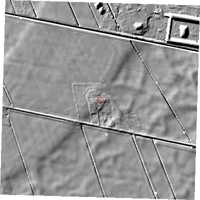 Shaded relief map of the ground around PE134BH, computed from Environment Agency LiDAR. The ground here sits at about 1 m above sea level and falls 6 m across the surrounding 800 m. Surface water reaching this point runs off ground lying to the west-south-west, 0.8 m higher.