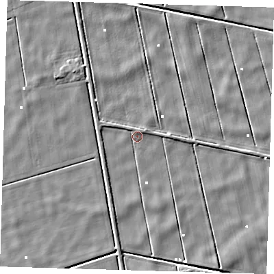 Shaded relief map of the ground around PE134BQ, computed from Environment Agency LiDAR. The ground here sits at about -0 m above sea level and falls 4 m across the surrounding 800 m. Surface water reaching this point runs off ground lying to the south-south-west, 2.2 m higher.