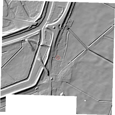 Shaded relief map of the ground around PE134DA, computed from Environment Agency LiDAR. The ground here sits at about 1 m above sea level and falls 10 m across the surrounding 800 m. Surface water reaching this point runs off ground lying to the west, 6.1 m higher.