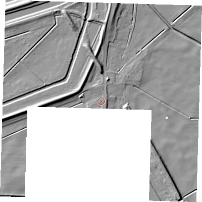 Shaded relief map of the ground around PE134DB, computed from Environment Agency LiDAR. The ground here sits at about 2 m above sea level and falls 10 m across the surrounding 800 m. Surface water reaching this point runs off ground lying to the east, 0.9 m higher.
