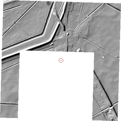 Shaded relief map of the ground around PE134DD, computed from Environment Agency LiDAR. and falls 10 m across the surrounding 800 m.
