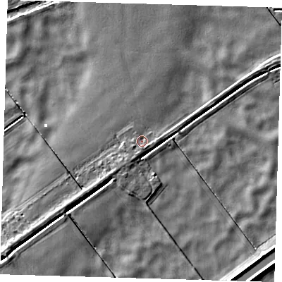 Shaded relief map of the ground around PE134DF, computed from Environment Agency LiDAR. The ground here sits at about 1 m above sea level and falls 4 m across the surrounding 800 m. Surface water reaching this point runs off ground lying to the south-south-west, 1.1 m higher.