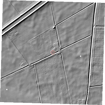 Shaded relief map of the ground around PE134DG, computed from Environment Agency LiDAR. The ground here sits at about -1 m above sea level and falls 4 m across the surrounding 800 m. Surface water reaching this point runs off ground lying to the east-north-east, 2.1 m higher.