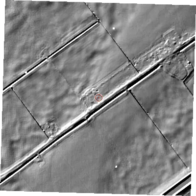 Shaded relief map of the ground around PE134DH, computed from Environment Agency LiDAR. The ground here sits at about 1 m above sea level and falls 4 m across the surrounding 800 m. Surface water reaching this point runs off ground lying to the east-south-east, 1.1 m higher.