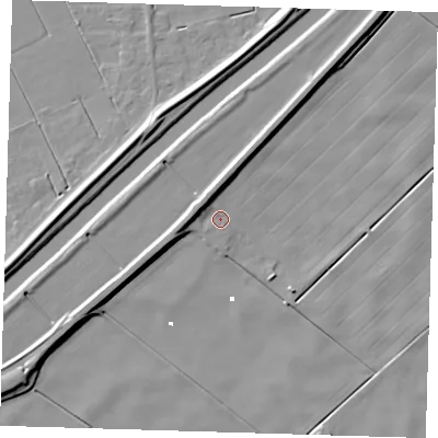 Shaded relief map of the ground around PE134DL, computed from Environment Agency LiDAR. The ground here sits at about 1 m above sea level and falls 8 m across the surrounding 800 m. Surface water reaching this point runs off ground lying to the north-west, 5.1 m higher.