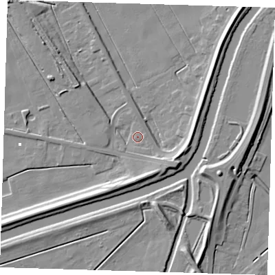 Shaded relief map of the ground around PE134DY, computed from Environment Agency LiDAR. The ground here sits at about 2 m above sea level and falls 10 m across the surrounding 800 m. Surface water reaching this point runs off ground lying to the south-east, 4.3 m higher.