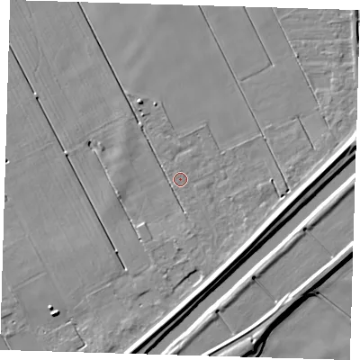 Shaded relief map of the ground around PE134EE, computed from Environment Agency LiDAR. The ground here sits at about 2 m above sea level and falls 8 m across the surrounding 800 m. Surface water reaching this point runs off ground lying to the east-south-east, 5.4 m higher.