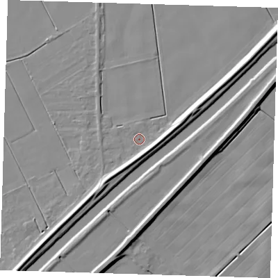 Shaded relief map of the ground around PE134EG, computed from Environment Agency LiDAR. The ground here sits at about 1 m above sea level and falls 8 m across the surrounding 800 m. Surface water reaching this point runs off ground lying to the south, 5.1 m higher.
