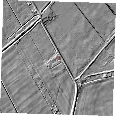 Shaded relief map of the ground around PE134EJ, computed from Environment Agency LiDAR. The ground here sits at about 2 m above sea level and falls 5 m across the surrounding 800 m. The ground contributing surface water to this point lies to the south-south-west.