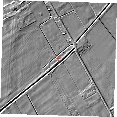 Shaded relief map of the ground around PE134EL, computed from Environment Agency LiDAR. The ground here sits at about 1 m above sea level and falls 6 m across the surrounding 800 m. Surface water reaching this point runs off ground lying to the south-west, 1.3 m higher.