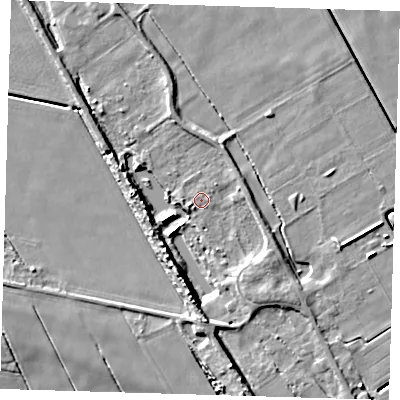 Shaded relief map of the ground around PE134EP, computed from Environment Agency LiDAR. The ground here sits at about 1 m above sea level and falls 8 m across the surrounding 800 m. Surface water reaching this point runs off ground lying to the south-west, 1.5 m higher.