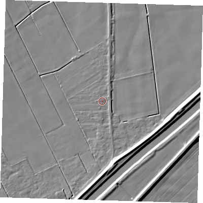 Shaded relief map of the ground around PE134EQ, computed from Environment Agency LiDAR. The ground here sits at about 2 m above sea level and falls 7 m across the surrounding 800 m. Surface water reaching this point runs off ground lying to the east-south-east, 0.9 m higher.