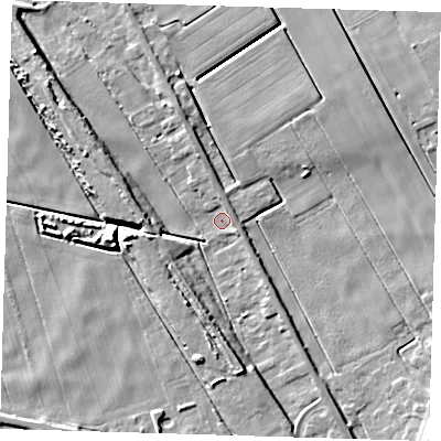 Shaded relief map of the ground around PE134ER, computed from Environment Agency LiDAR. The ground here sits at about 1 m above sea level and falls 8 m across the surrounding 800 m. Surface water reaching this point runs off ground lying to the west-north-west, 6.2 m higher.