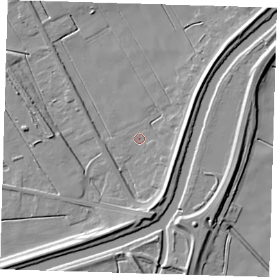 Shaded relief map of the ground around PE134EX, computed from Environment Agency LiDAR. The ground here sits at about 1 m above sea level and falls 10 m across the surrounding 800 m. Surface water reaching this point runs off ground lying to the east-south-east, 1.7 m higher.