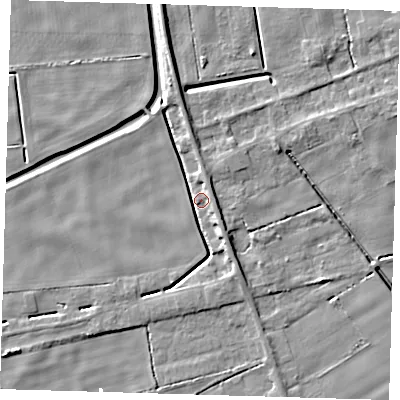 Shaded relief map of the ground around PE134HB, computed from Environment Agency LiDAR. The ground here sits at about 1 m above sea level and falls 5 m across the surrounding 800 m. Surface water reaching this point runs off ground lying to the south-south-east, 5.2 m higher.