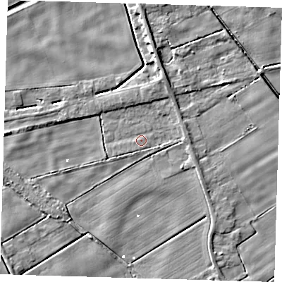 Shaded relief map of the ground around PE134HE, computed from Environment Agency LiDAR. The ground here sits at about 1 m above sea level and falls 5 m across the surrounding 800 m. Surface water reaching this point runs off ground lying to the north-north-east, 2.9 m higher.