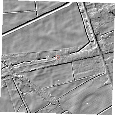 Shaded relief map of the ground around PE134HF, computed from Environment Agency LiDAR. The ground here sits at about 1 m above sea level and falls 5 m across the surrounding 800 m. Surface water reaching this point runs off ground lying to the south-south-west, 2.9 m higher.