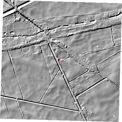 Shaded relief map of the ground around PE134HG, computed from Environment Agency LiDAR. The ground here sits at about 1 m above sea level and falls 5 m across the surrounding 800 m. Surface water reaching this point runs off ground lying to the west-north-west, 4.2 m higher.