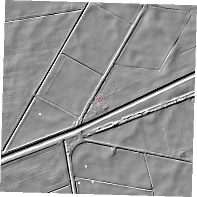 Shaded relief map of the ground around PE134HJ, computed from Environment Agency LiDAR. The ground here sits at about 1 m above sea level and falls 5 m across the surrounding 800 m. Surface water reaching this point runs off ground lying to the south-west, 2.6 m higher.