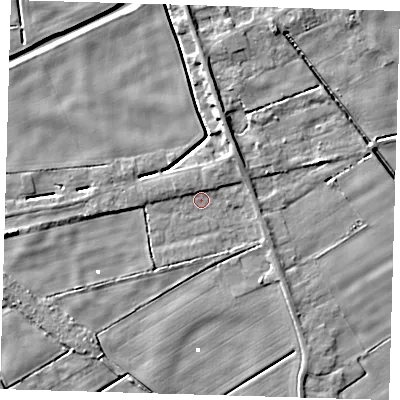 Shaded relief map of the ground around PE134HT, computed from Environment Agency LiDAR. The ground here sits at about 1 m above sea level and falls 5 m across the surrounding 800 m. Surface water reaching this point runs off ground lying to the north-east, 2.0 m higher.
