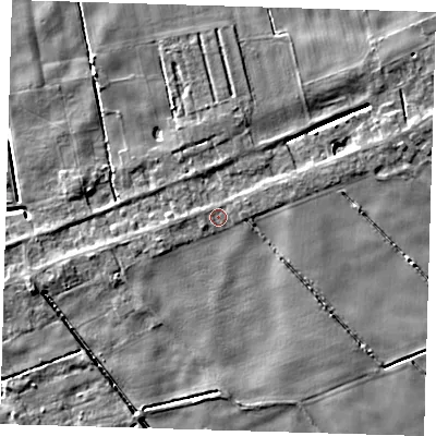 Shaded relief map of the ground around PE134HU, computed from Environment Agency LiDAR. The ground here sits at about 2 m above sea level and falls 5 m across the surrounding 800 m. Surface water reaching this point runs off ground lying to the west-south-west, 1.6 m higher.
