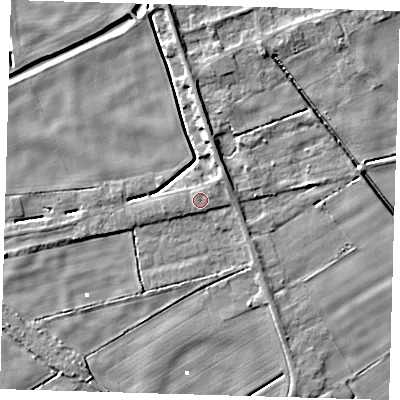 Shaded relief map of the ground around PE134HX, computed from Environment Agency LiDAR. The ground here sits at about 2 m above sea level and falls 5 m across the surrounding 800 m. Surface water reaching this point runs off ground lying to the east-north-east, 0.7 m higher.