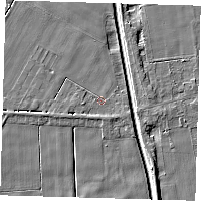 Shaded relief map of the ground around PE134HY, computed from Environment Agency LiDAR. The ground here sits at about 2 m above sea level and falls 6 m across the surrounding 800 m. Surface water reaching this point runs off ground lying to the south-east, 1.6 m higher.