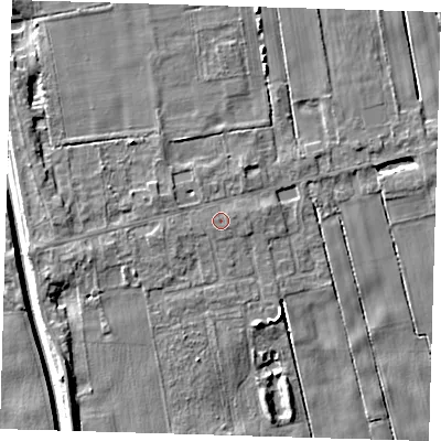Shaded relief map of the ground around PE134JA, computed from Environment Agency LiDAR. The ground here sits at about 3 m above sea level and falls 6 m across the surrounding 800 m. The ground contributing surface water to this point lies to the east-north-east.