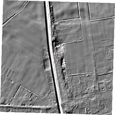 Shaded relief map of the ground around PE134JD, computed from Environment Agency LiDAR. The ground here sits at about 4 m above sea level and falls 6 m across the surrounding 800 m. Surface water reaching this point runs off ground lying to the south, 0.7 m higher.