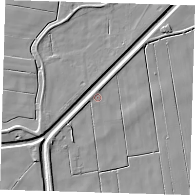 Shaded relief map of the ground around PE134JE, computed from Environment Agency LiDAR. The ground here sits at about 2 m above sea level and falls 6 m across the surrounding 800 m. Surface water reaching this point runs off ground lying to the west-north-west, 2.0 m higher.