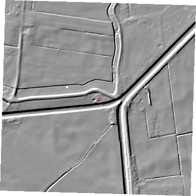 Shaded relief map of the ground around PE134JF, computed from Environment Agency LiDAR. The ground here sits at about 2 m above sea level and falls 6 m across the surrounding 800 m. Surface water reaching this point runs off ground lying to the north-north-west, 1.8 m higher.