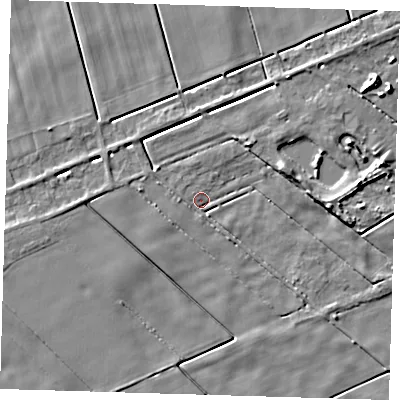 Shaded relief map of the ground around PE134JH, computed from Environment Agency LiDAR. The ground here sits at about 1 m above sea level and falls 6 m across the surrounding 800 m. Surface water reaching this point runs off ground lying to the west, 2.0 m higher.