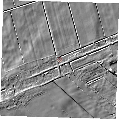 Shaded relief map of the ground around PE134JJ, computed from Environment Agency LiDAR. The ground here sits at about 1 m above sea level and falls 5 m across the surrounding 800 m. Surface water reaching this point runs off ground lying to the east-north-east, 2.9 m higher.