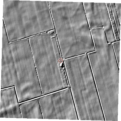 Shaded relief map of the ground around PE134JL, computed from Environment Agency LiDAR. The ground here sits at about 2 m above sea level and falls 5 m across the surrounding 800 m. Surface water reaching this point runs off ground lying to the south-south-east, 2.6 m higher.